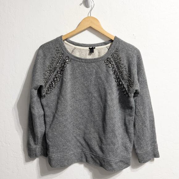 J Crew Sweatshirt Small Grey Rhinestones French Terry Party Preppy Pullover - Picture 1 of 8
